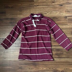 Vintage 90s Burgundy White Striped Rugby Polo Shirt Women Small Preppy Academia‎
